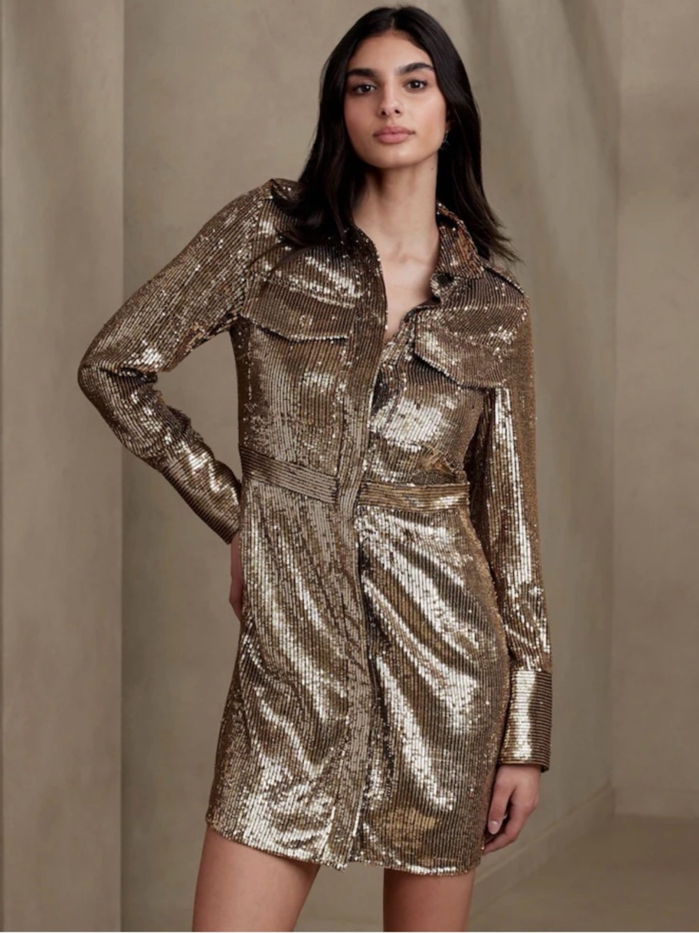 Banana Republic Gold Sequin Long Sleeve Shirt Dress